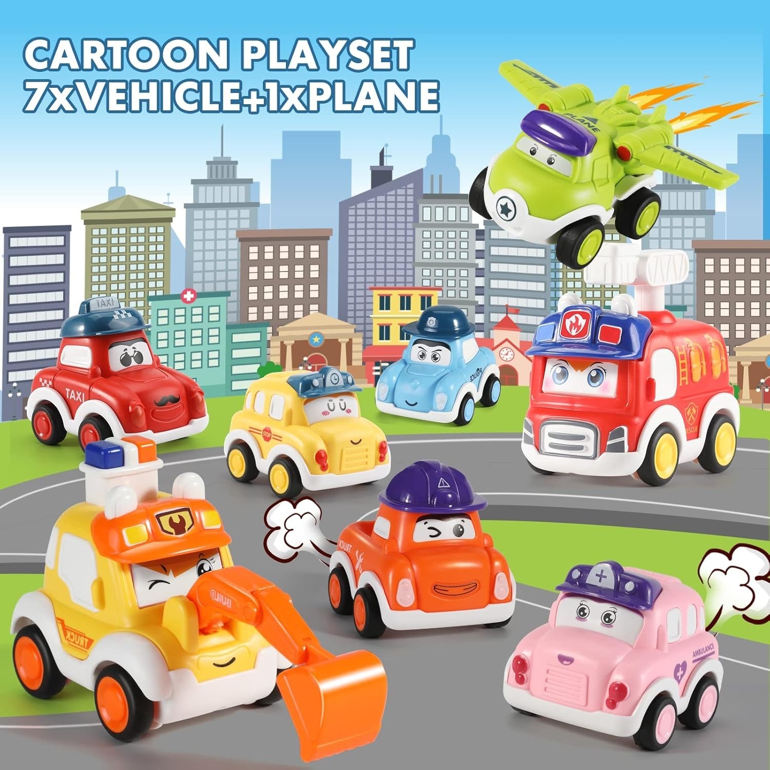 8Pcs Cartoon car Pull Back Toys, Kids car vehicle Set with Mat & Storage bag UK