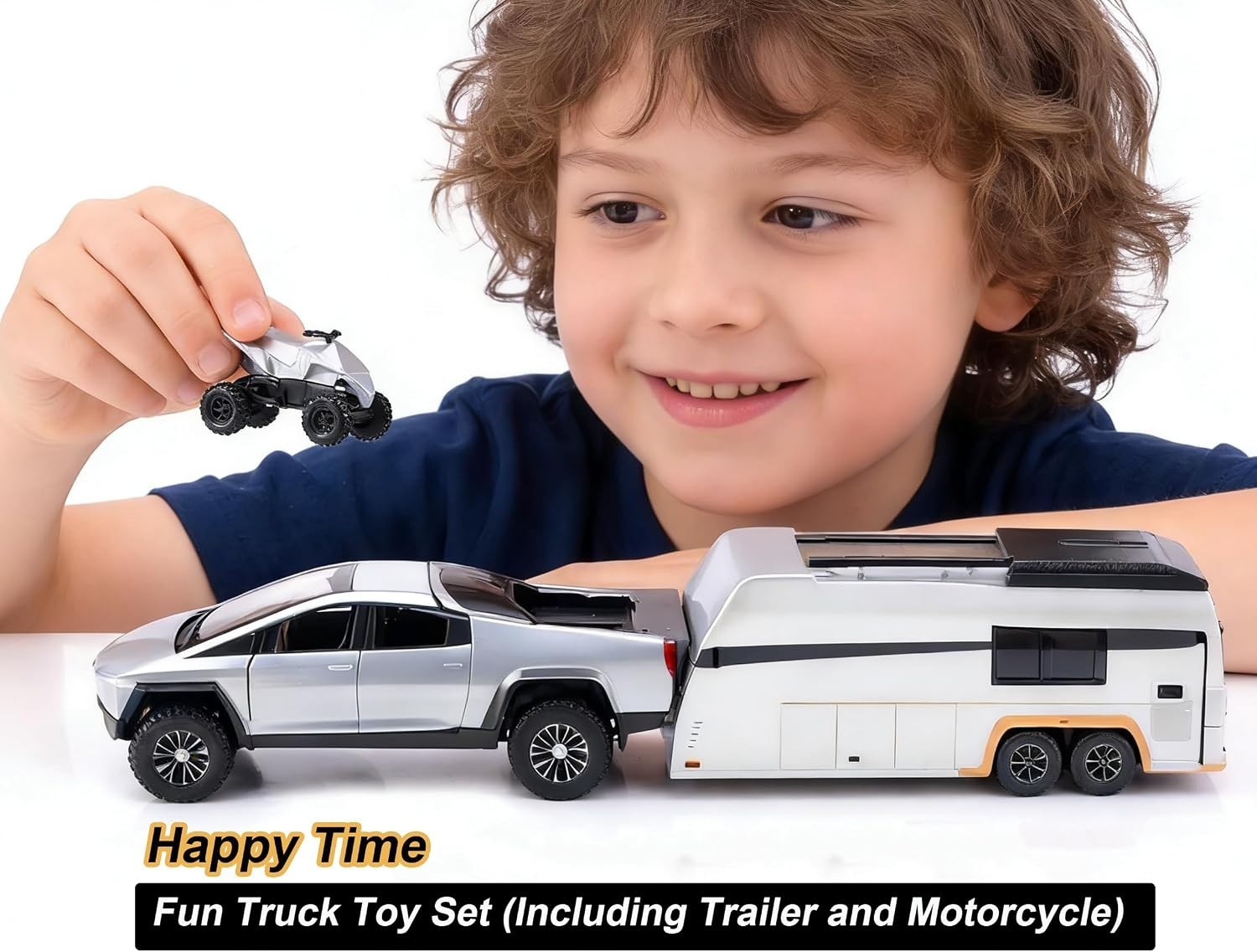 Cyberpickup alloy toy truck set with trailer and motorcycle pull back sound