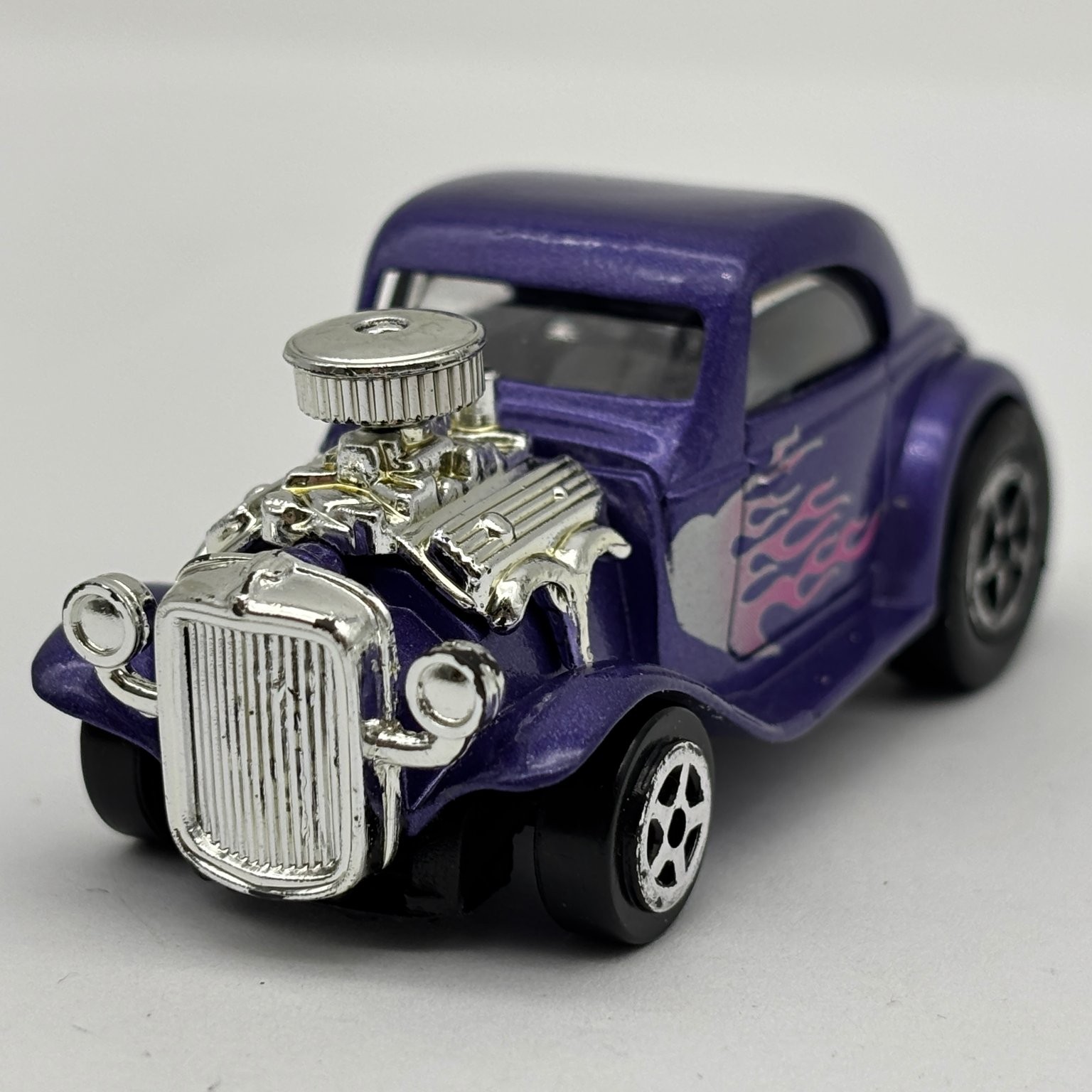 1930s Ford Coupe Hot Rod Diecast Car Purple Flames Exposed Engine Custom
