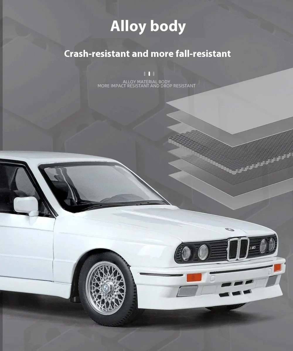 1:24 1988 BMW M3 E30 Diecast Alloy Sports Car Model Sound & Light Collectible