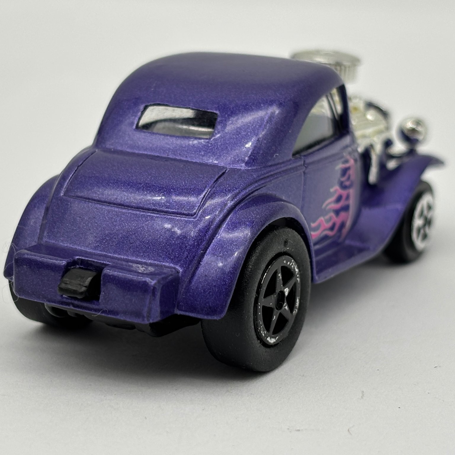 1930s Ford Coupe Hot Rod Diecast Car Purple Flames Exposed Engine Custom
