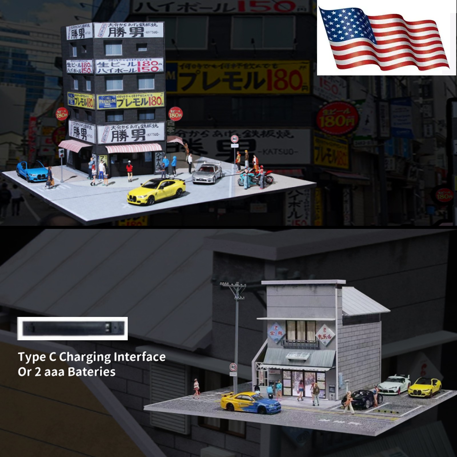 LED Lighted Diorama 1/64 Scale Car Garage Model Street Japanese Building Display