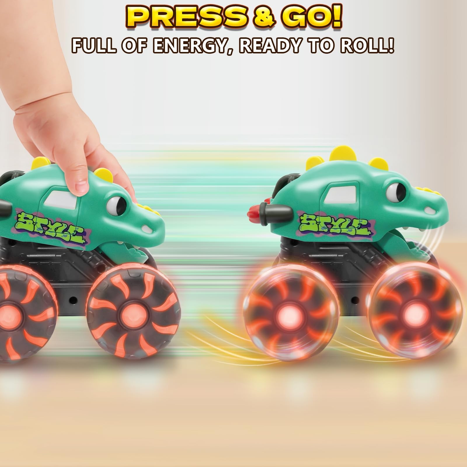 Green Dino Monster Truck – Light-Up Press and Go Car for Toddlers Age 2 3 4 5…