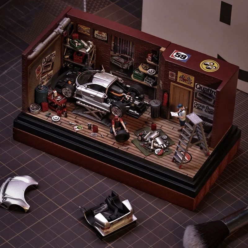 1/64 Garage Diorama with Lights, Miniature Repair Shop Scene Model for Display
