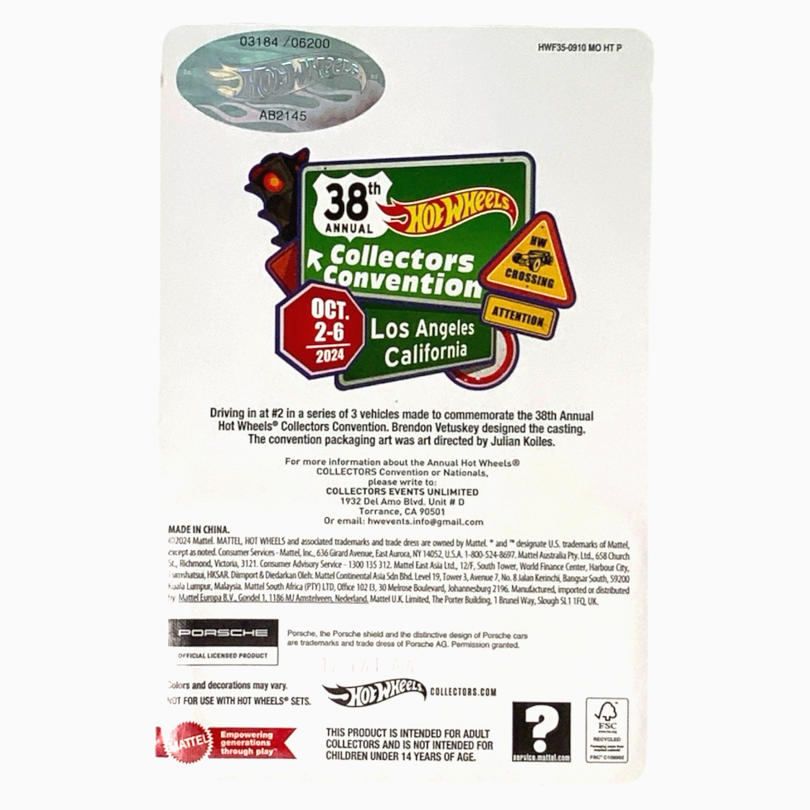 HOT WHEELS 38TH L.A. CONVENTION PORSCHE 959 03184/06200 With Protector