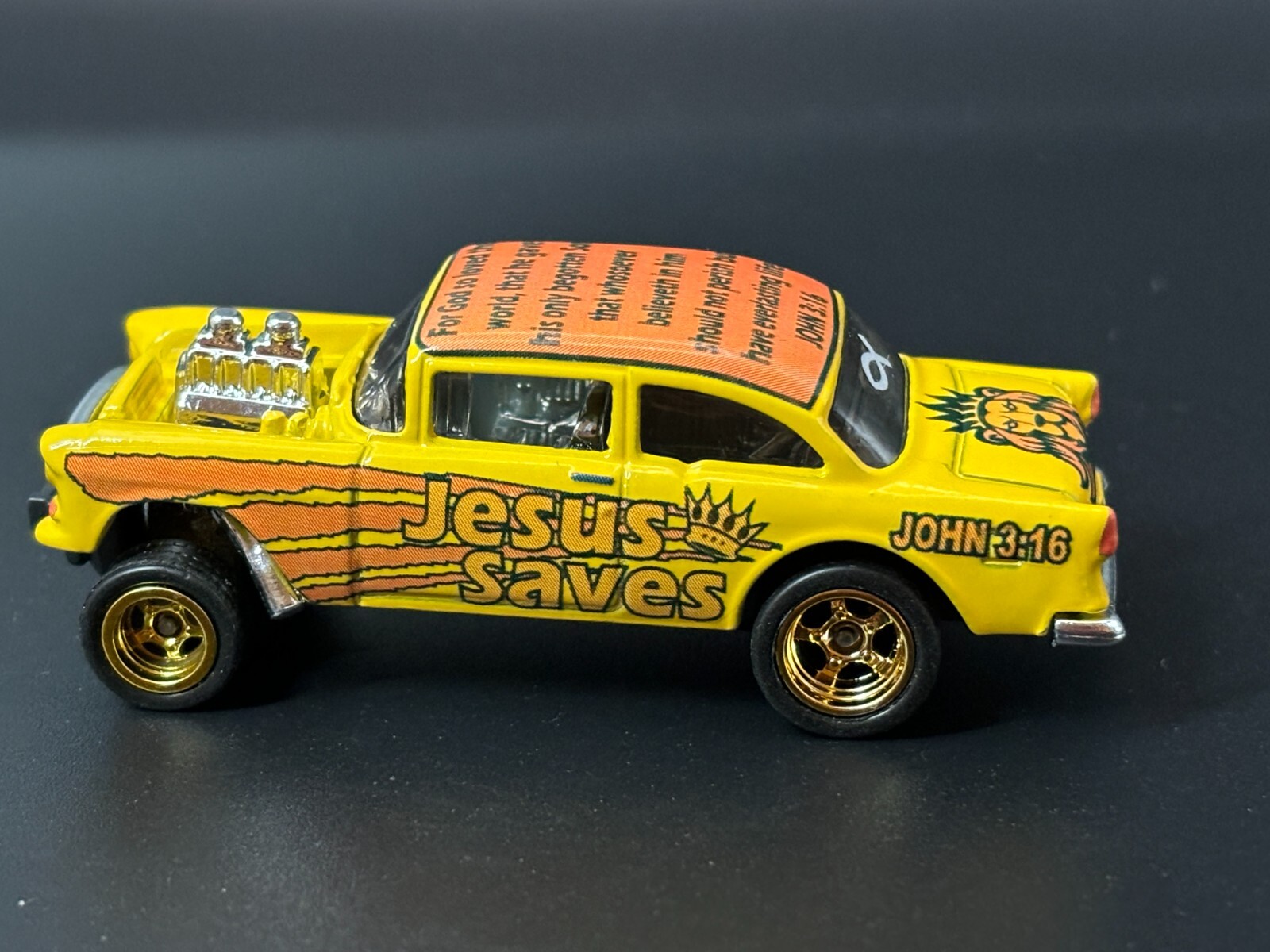 White Toner 1:64 Waterslide for 55 Chevy Gasser Jesus Saves John 3:16 Orange