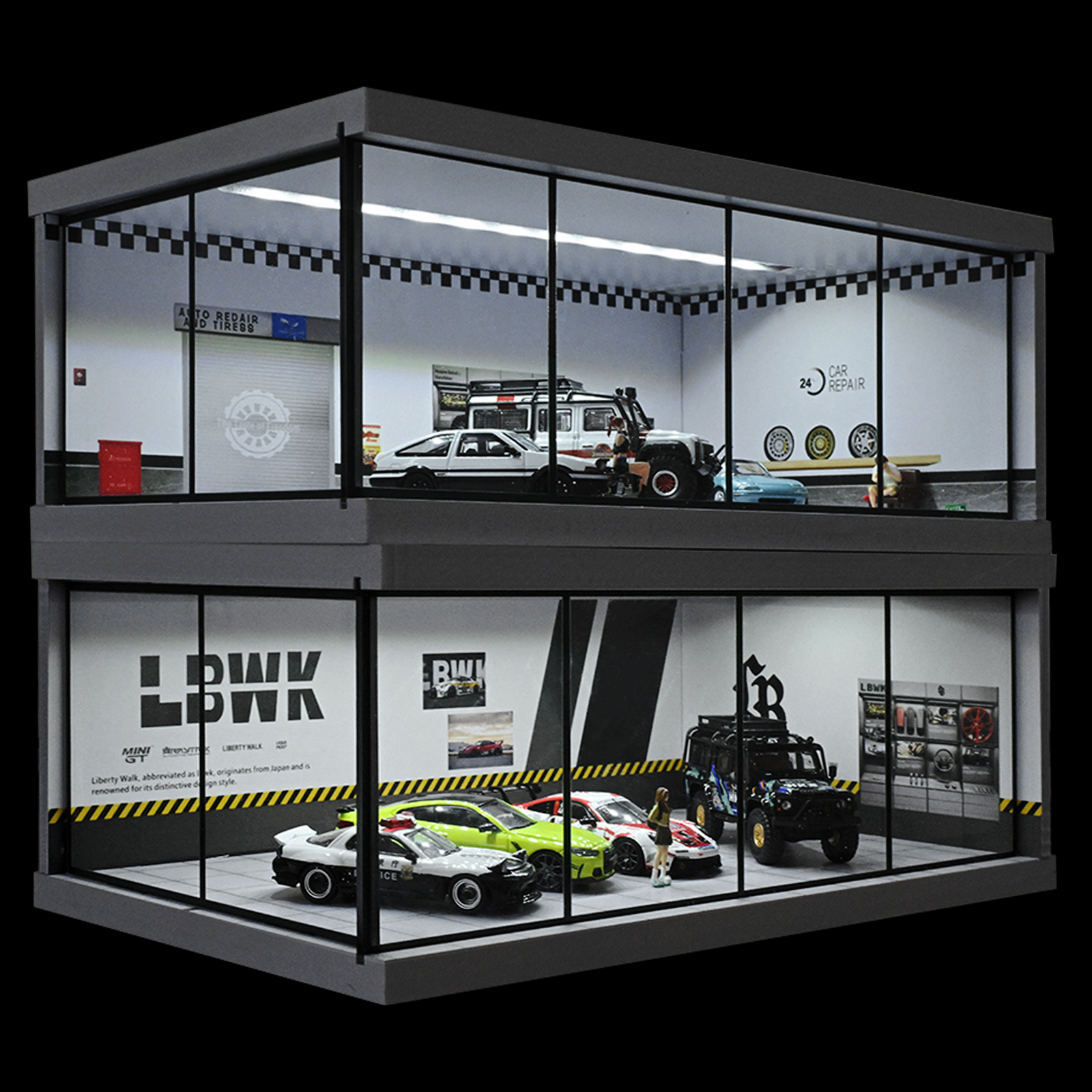 1:64 Diorama Car Showroom Model LED Lighting City Car Garage Scene Display Model