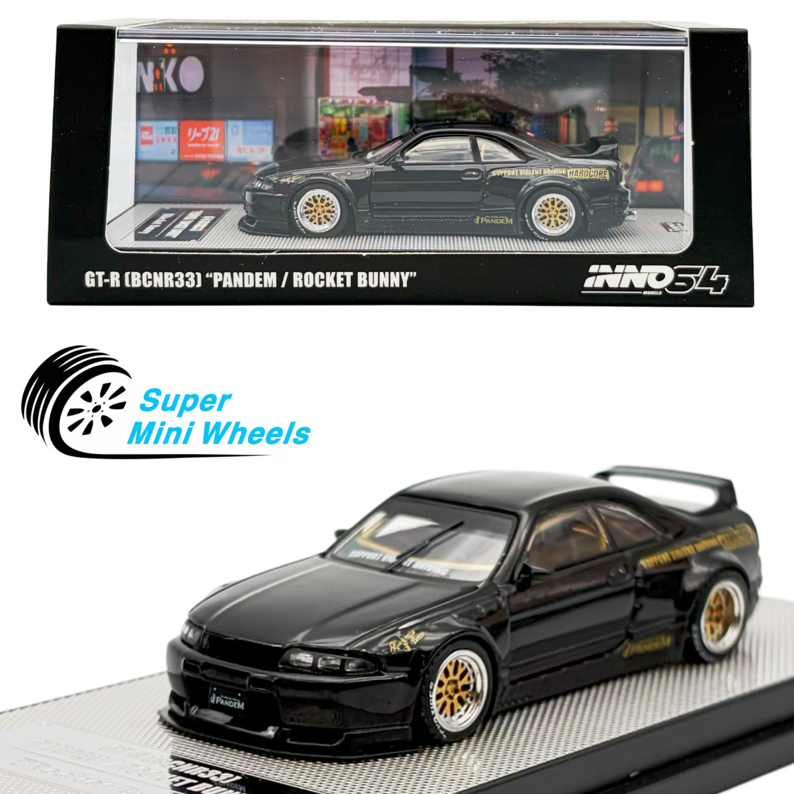 INNO64 1:64 Nissan GTR BCNR33 Pandem Racket Bunny Black