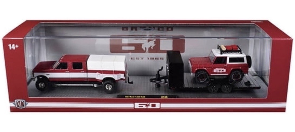 M2 MACHINES 1987 FORD F350 DUALLY & 1966 FORD BRONCO R100 HAULER