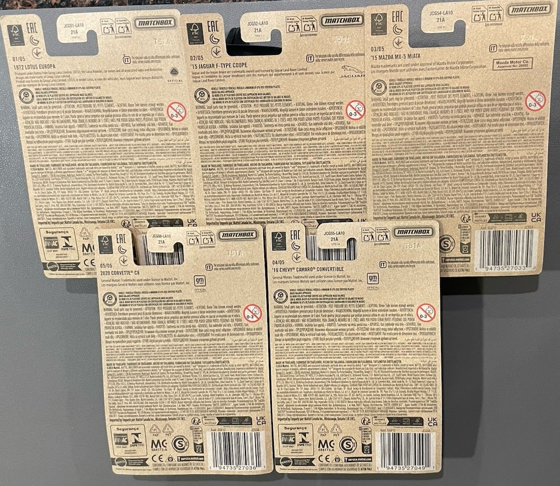 2025 Matchbox Sport Cars Series Lotus Jaguar Mazda Chevy Complete Set (Lot Of 5)