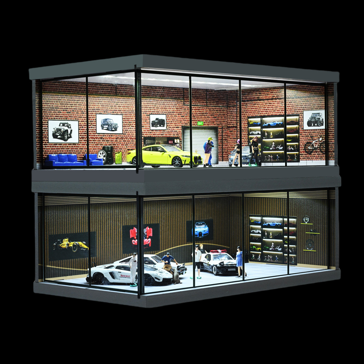 1:64 Diorama Car Garage Model LED Lighting Car Model Display Cabinet Scene Model