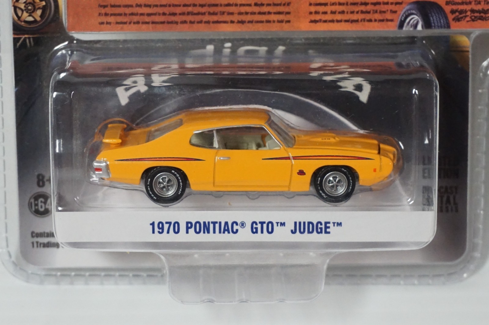 1/64 Greenlight 1970 Pontiac GTO Judge Orange Car BF Goodrich Ad Hobby Exclusive