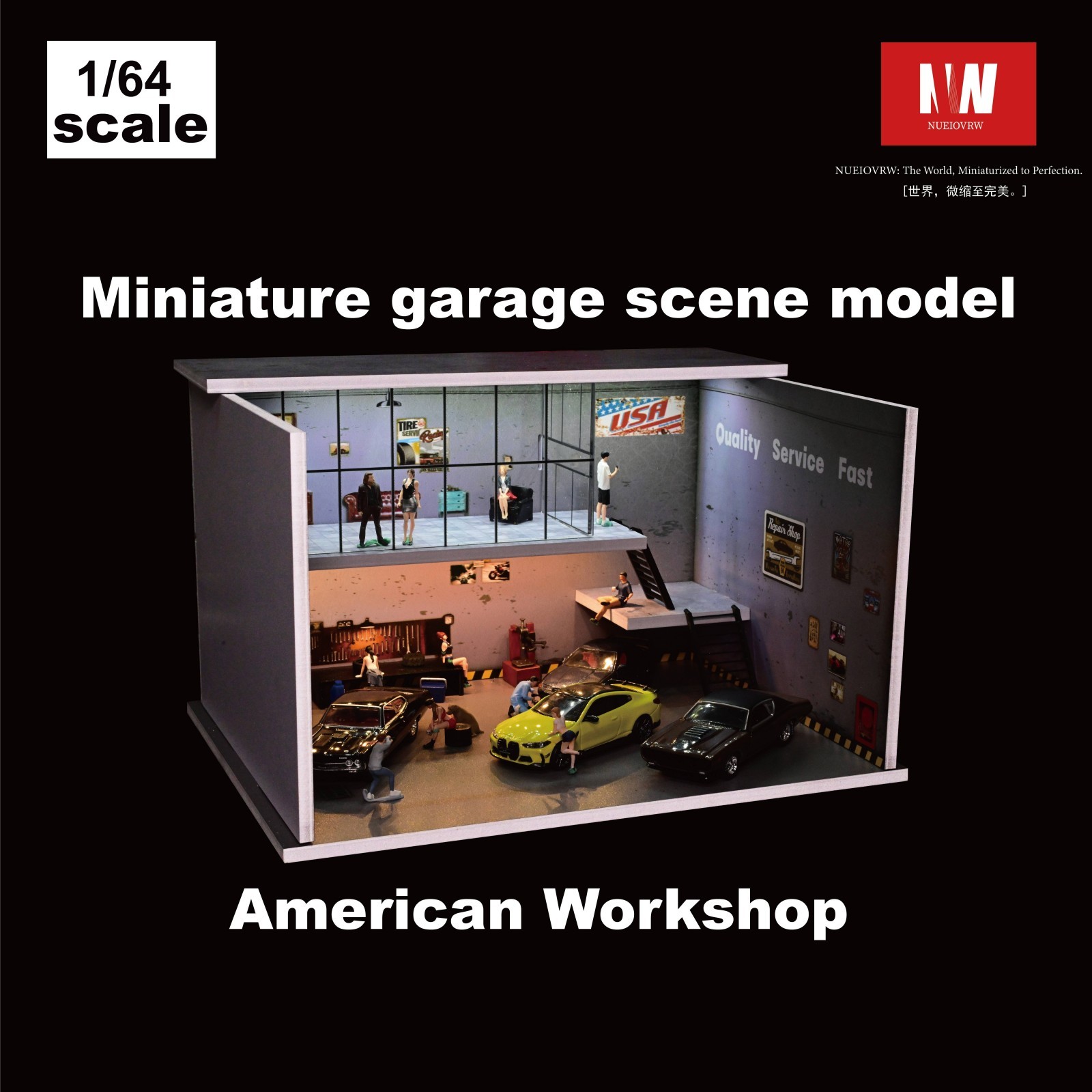Diorama 1:64 Die-Cast Car Garage Model LED Repair Workshop Scene Display Case US