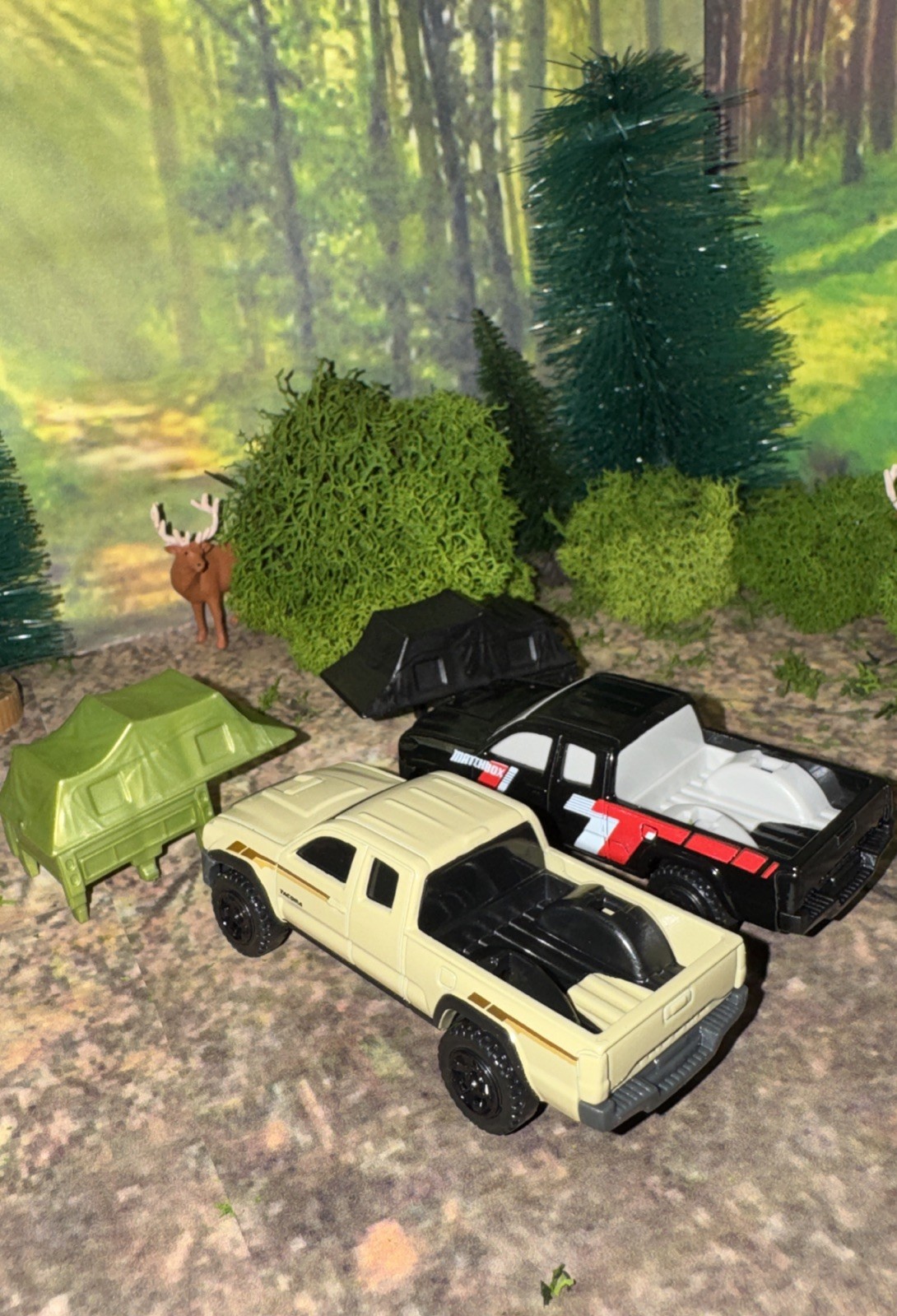 Lot Of 2 Toyota Tacoma Matchbox w/ Removable Camp Tent Black & Tan NLFFP 1:64 DC