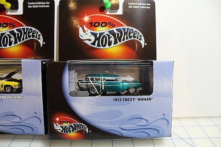 100% Hot Wheels 59 Cadillac, Invader, 1970 Ford Mustang, 1957 Chev. Nomad