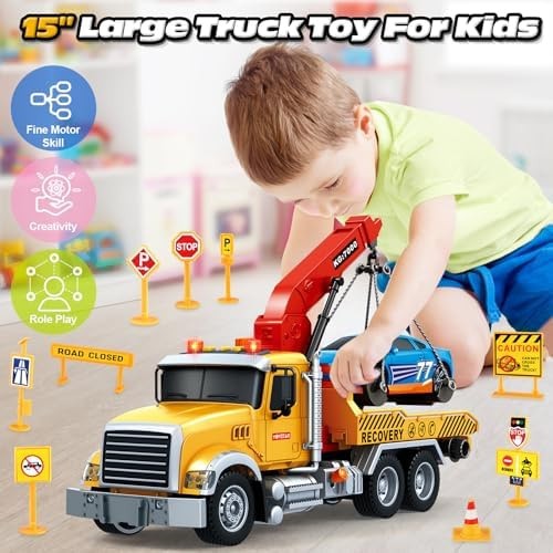 Kids Toys for 3 4 5 6 7 Years Old Boys, 15″ Large Tow Truck Toy, Friction Pow…