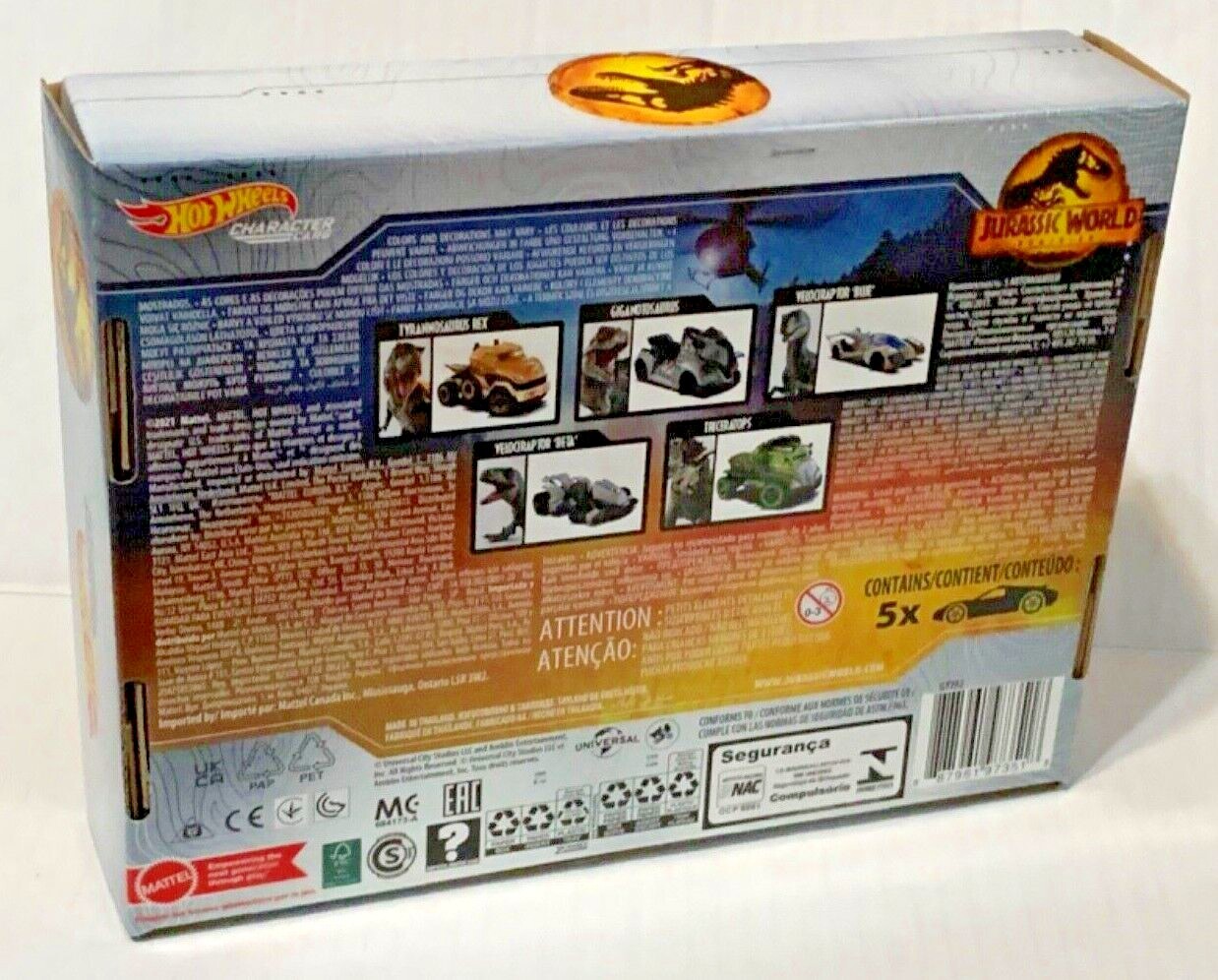 Hot Wheels Jurassic World Dominion Character Car 5 Pack Box Set