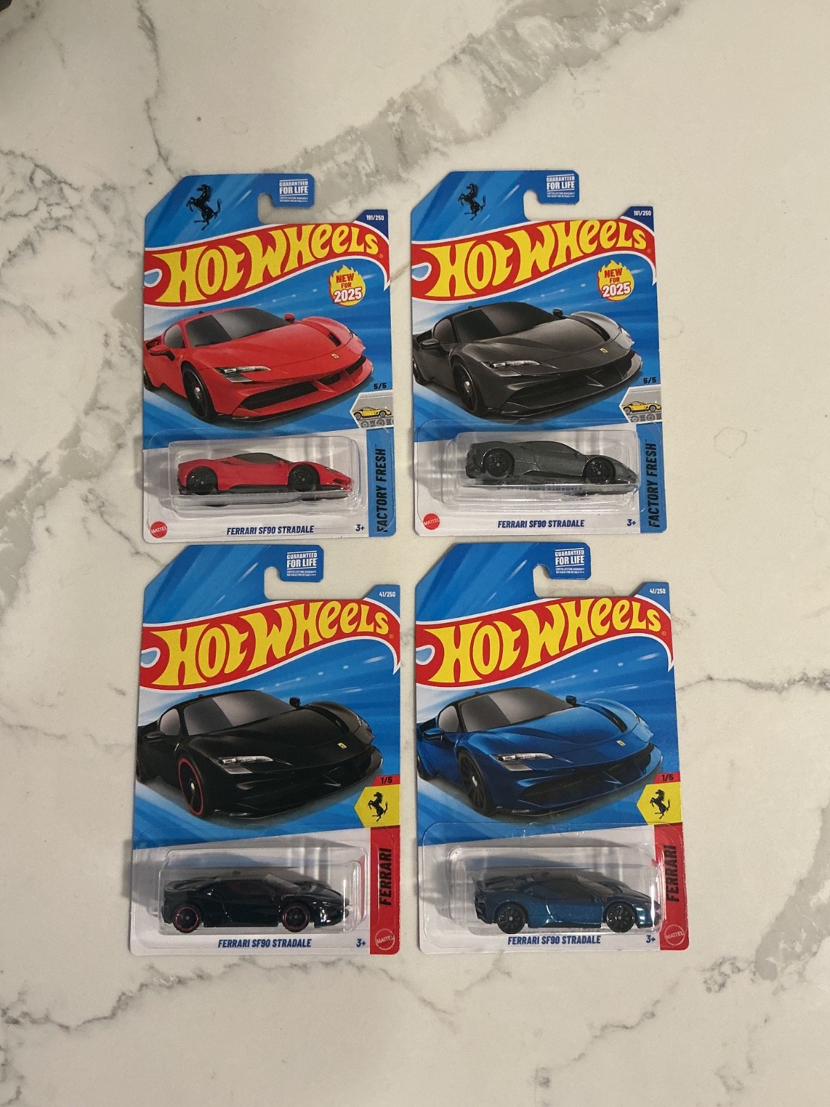 Lot of 4 HOT WHEELS FERRARI SF90 Stradale RED, GRAY, BLUE and BLACK NEW