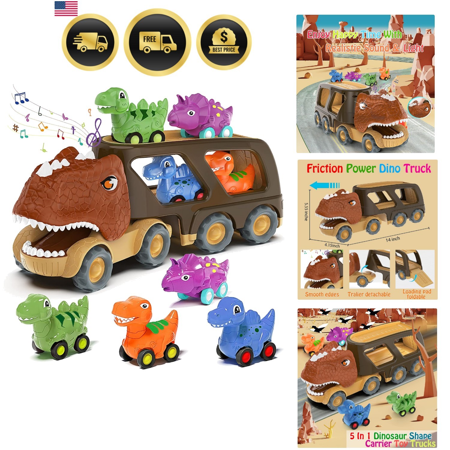 Dinosaur Car Toy for 2 3 4 5 Old Boys, Friction Power Carrier Truck with 4 P…
