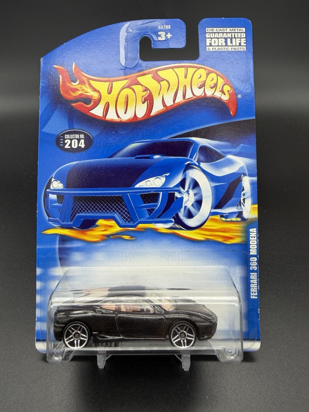 Hot Wheels Ferrari 360 Modena Black Tan 204 Vintage 2001 Blue Card NIP