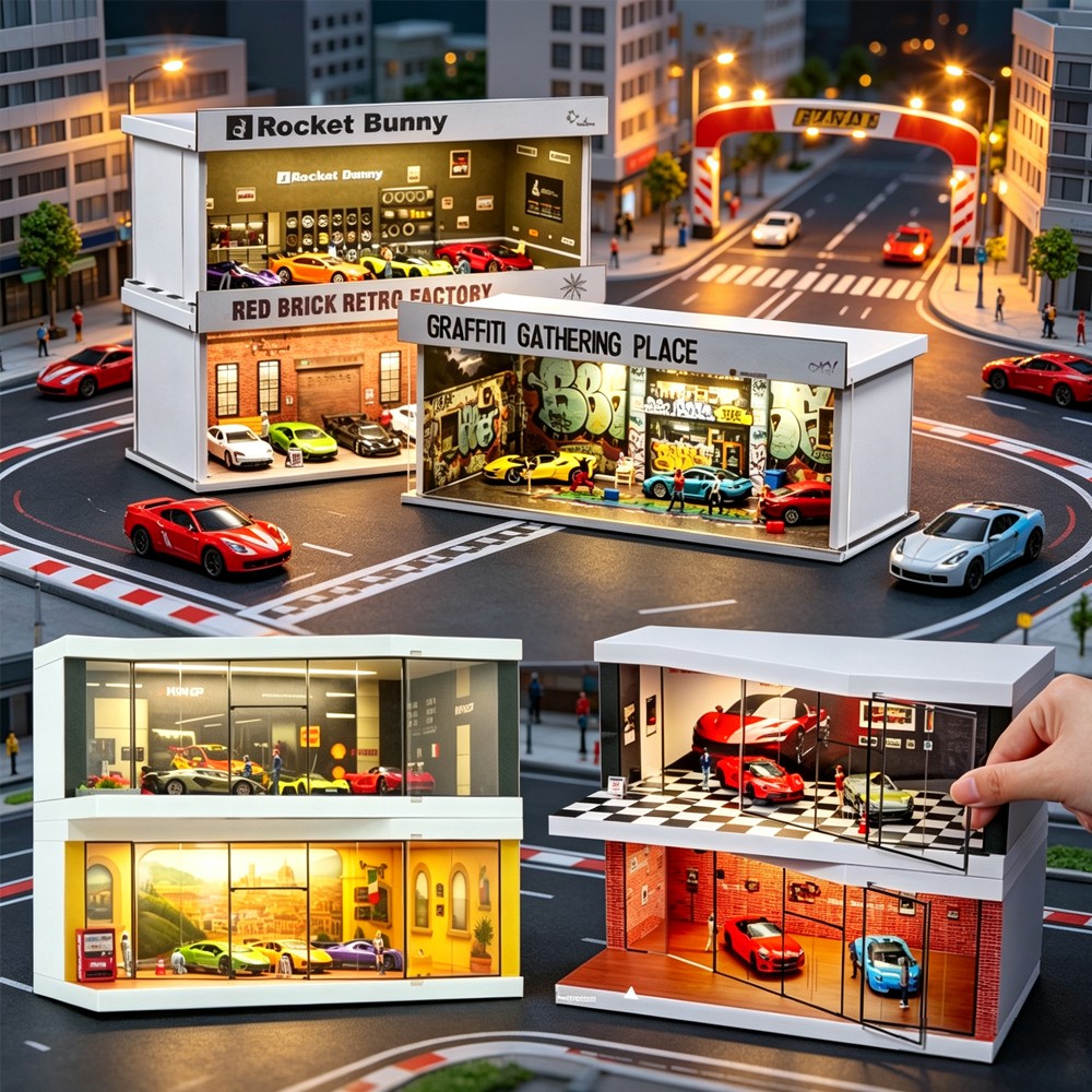 US 1/64 Garage Diorama Model LED Light City Parking Scene Diecast Car Display
