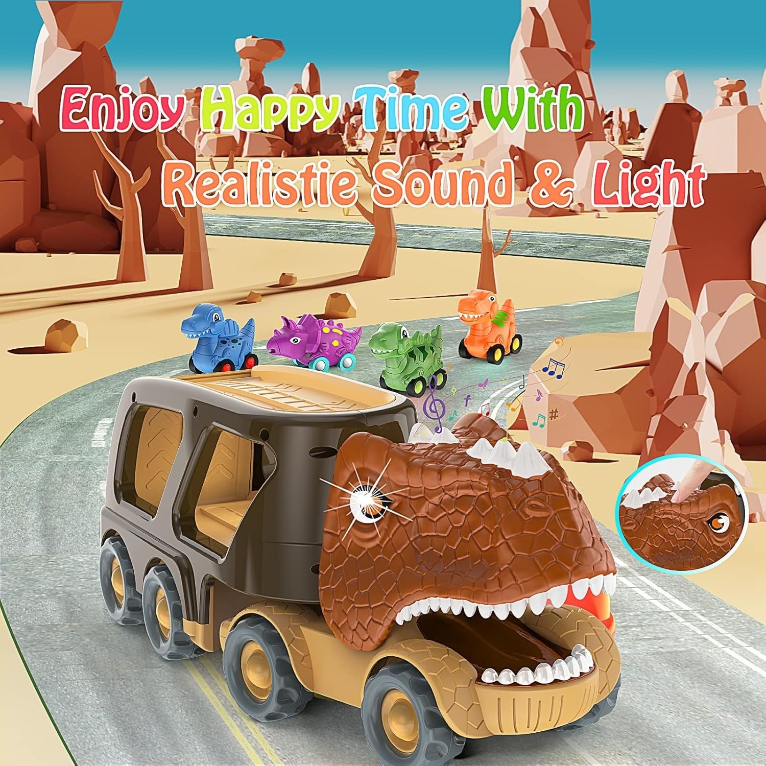 Dinosaur Car Toy for 2 3 4 5 Old Boys, Friction Power Carrier Truck with 4 P…