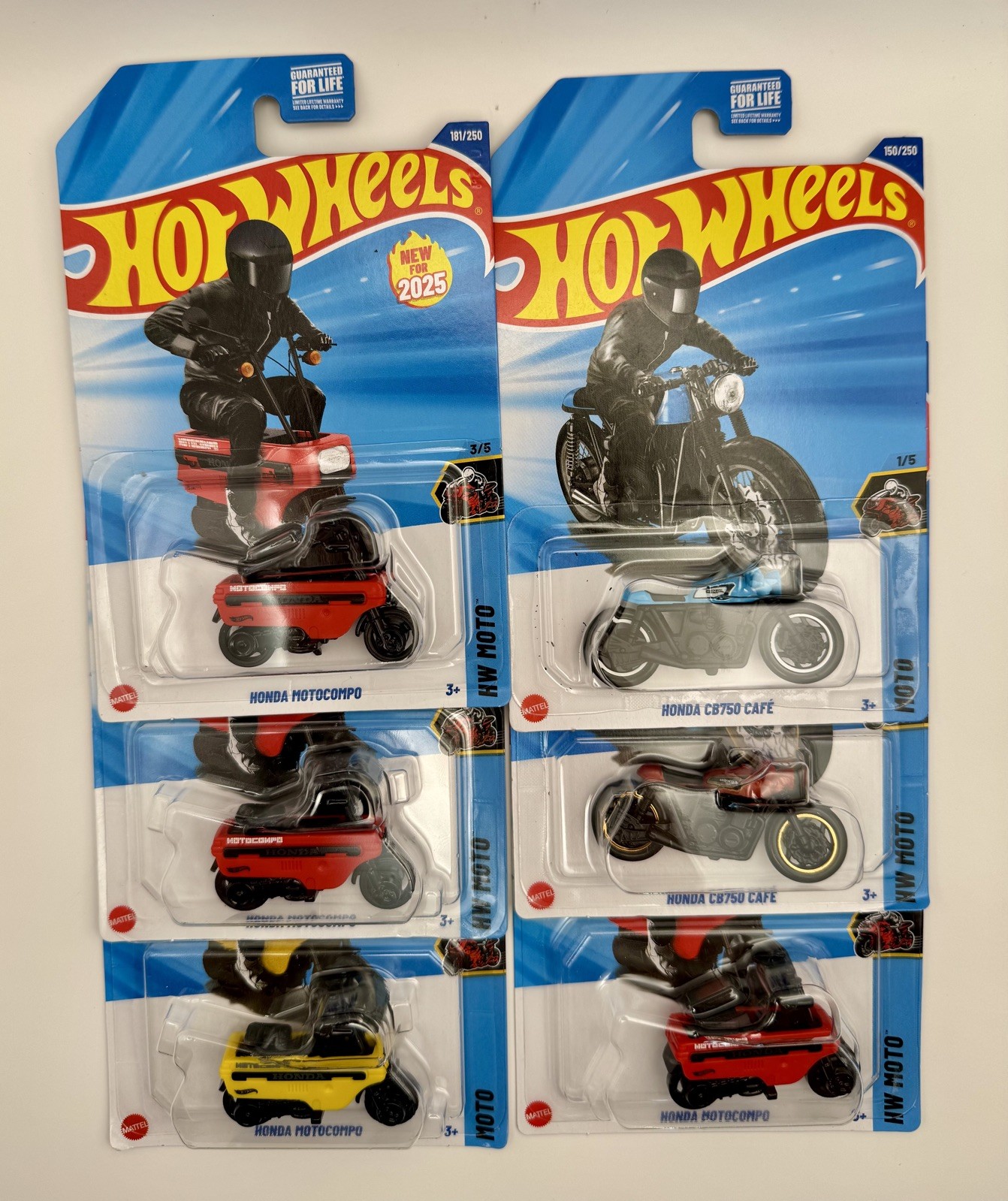 Hot Wheels Honda Motocompo Red and Yellow, Blue and Red CB750 Cafe. Lot of 6