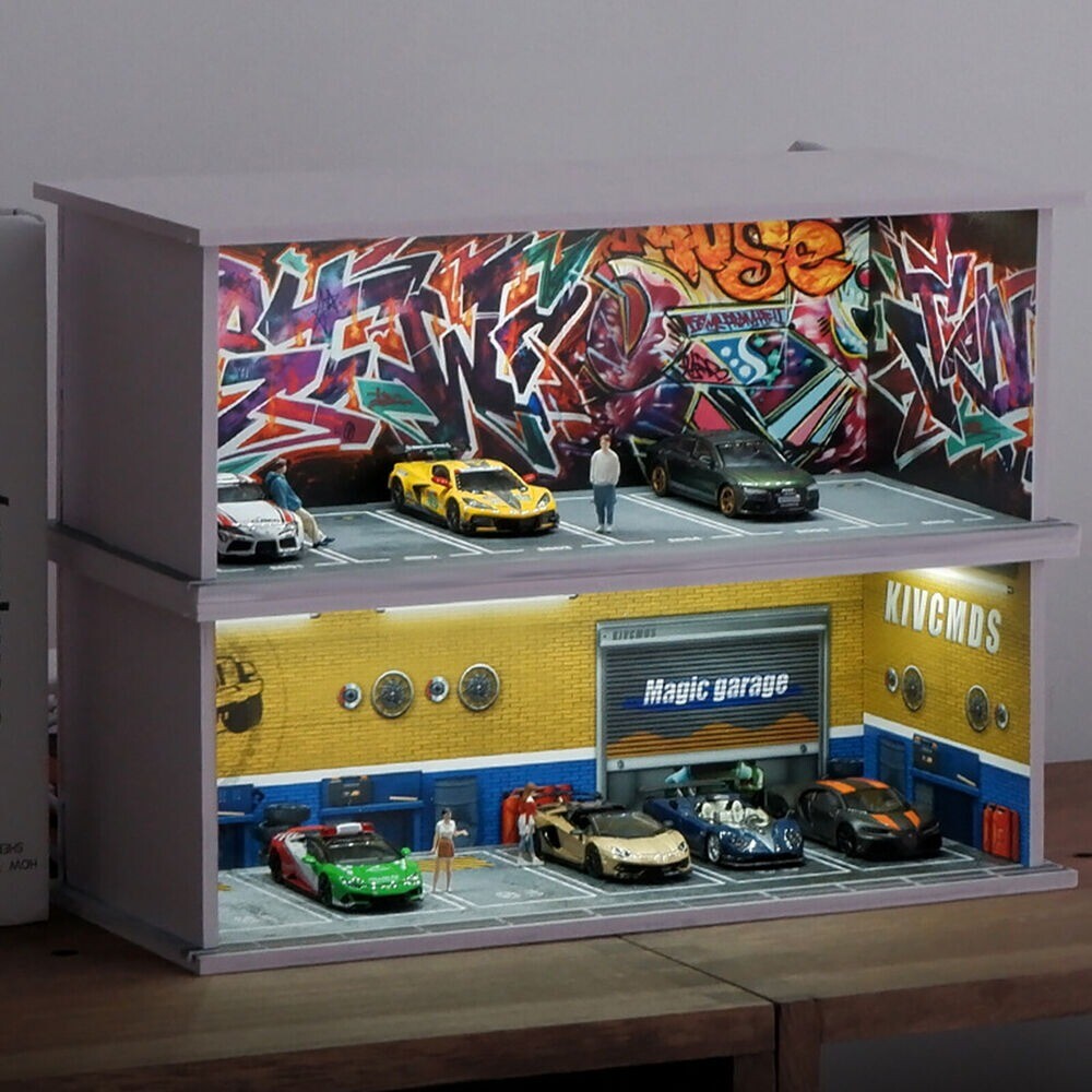 1/64 Diorama Car Garage LED Lighting Car Repair Workshop Scene Display Model Toy