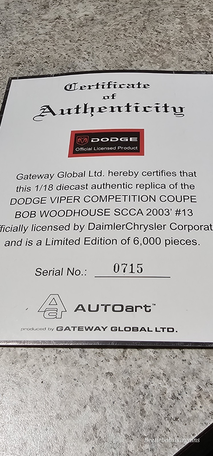AutoArt Bob Woodhouse 1:18 Dodge Viper Comp Coupe #715/6000 With COA