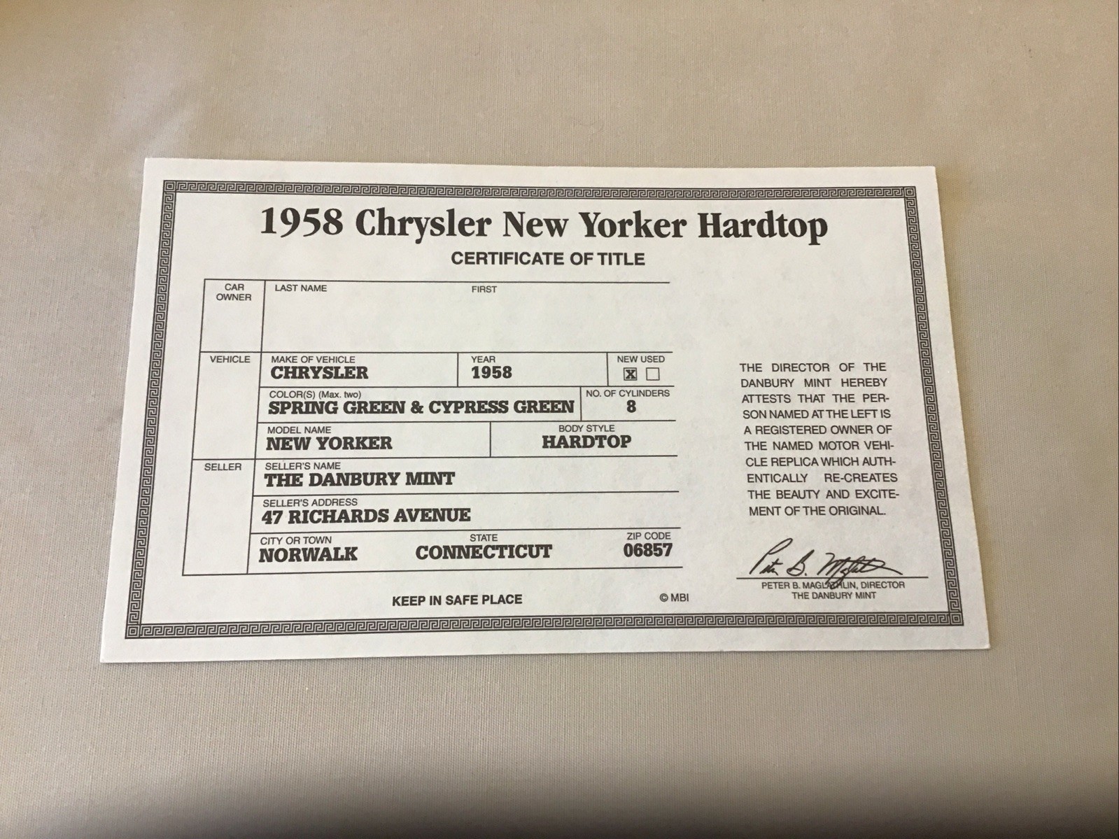 Danbury Mint 1958 Chrysler New Yorker Hardtop Blank Title Paperwork Only 1:24