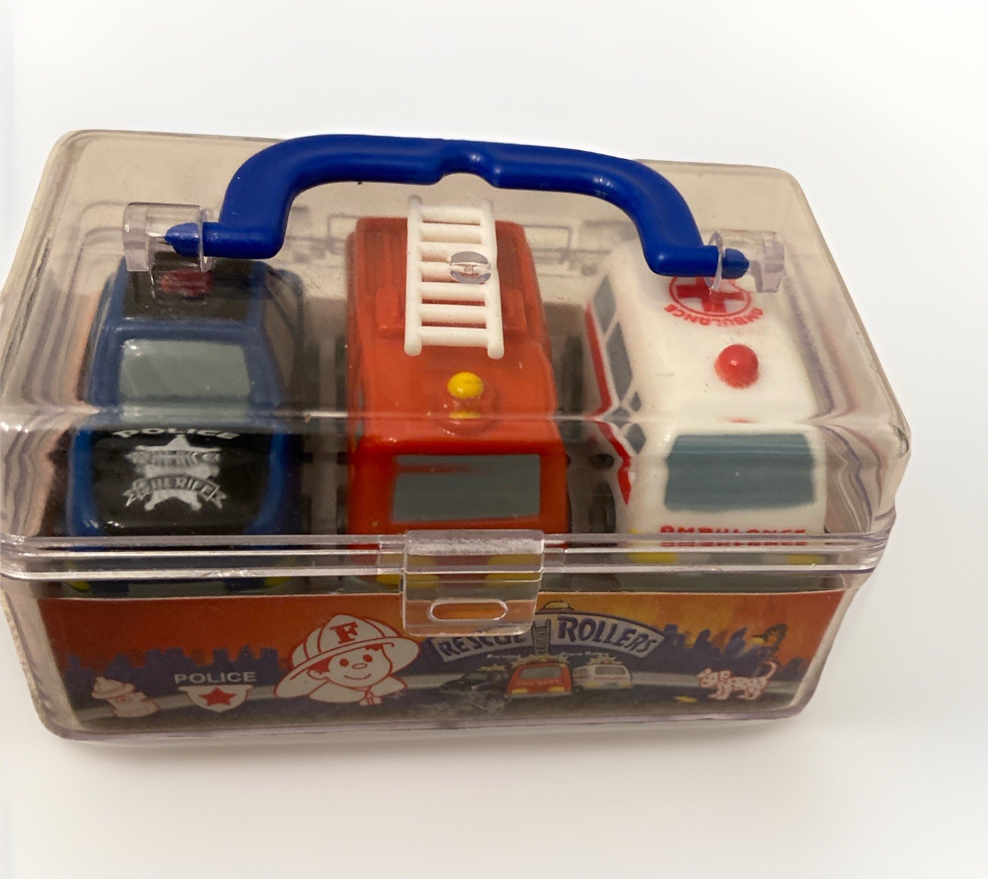 Rescue Rollers Stamper Set – Police, Fire & Ambulance Mini Toy Cars, Case