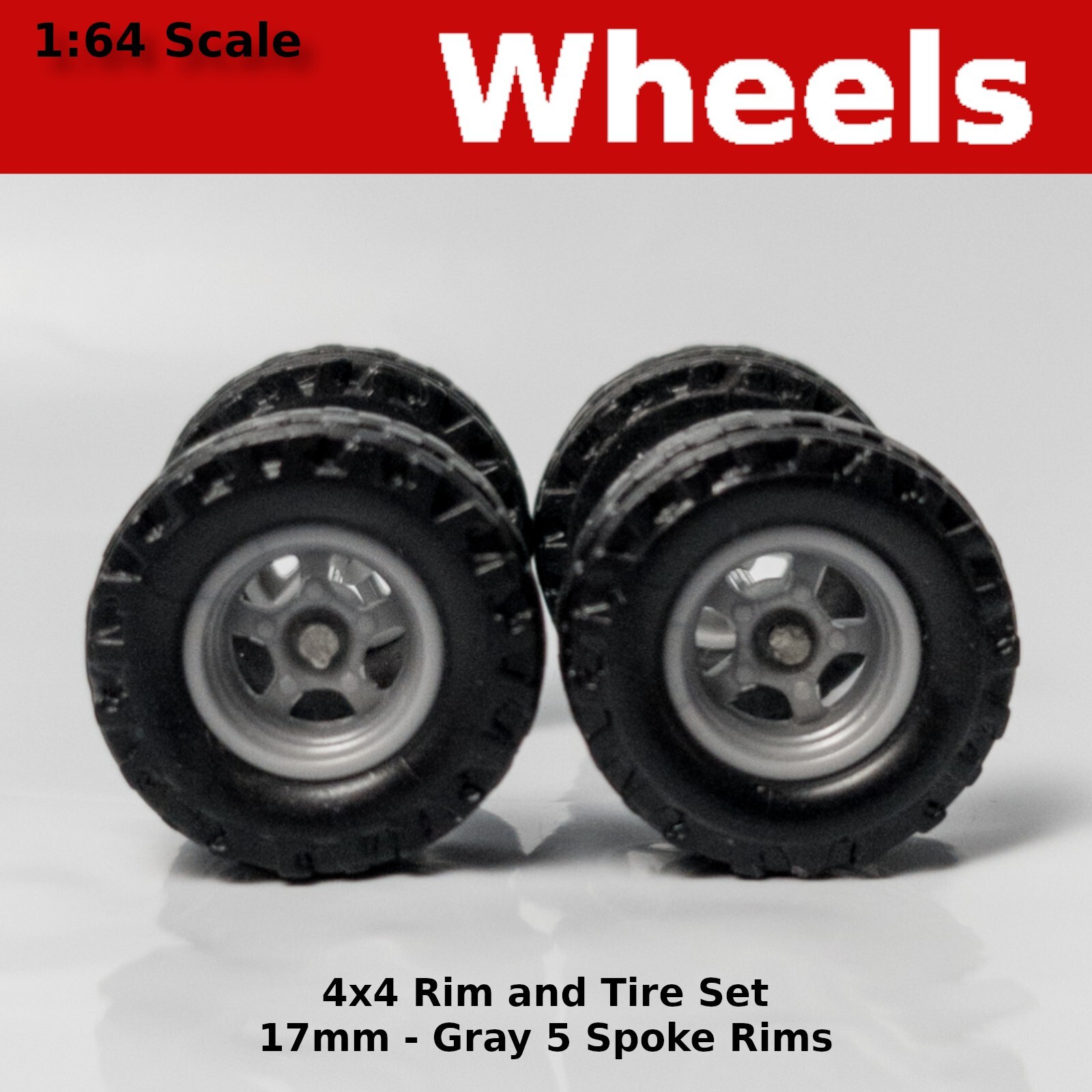 17mm Blackwall 4×4 Truck Tire Sets – Gray 5 Spoke for Hot Wheels