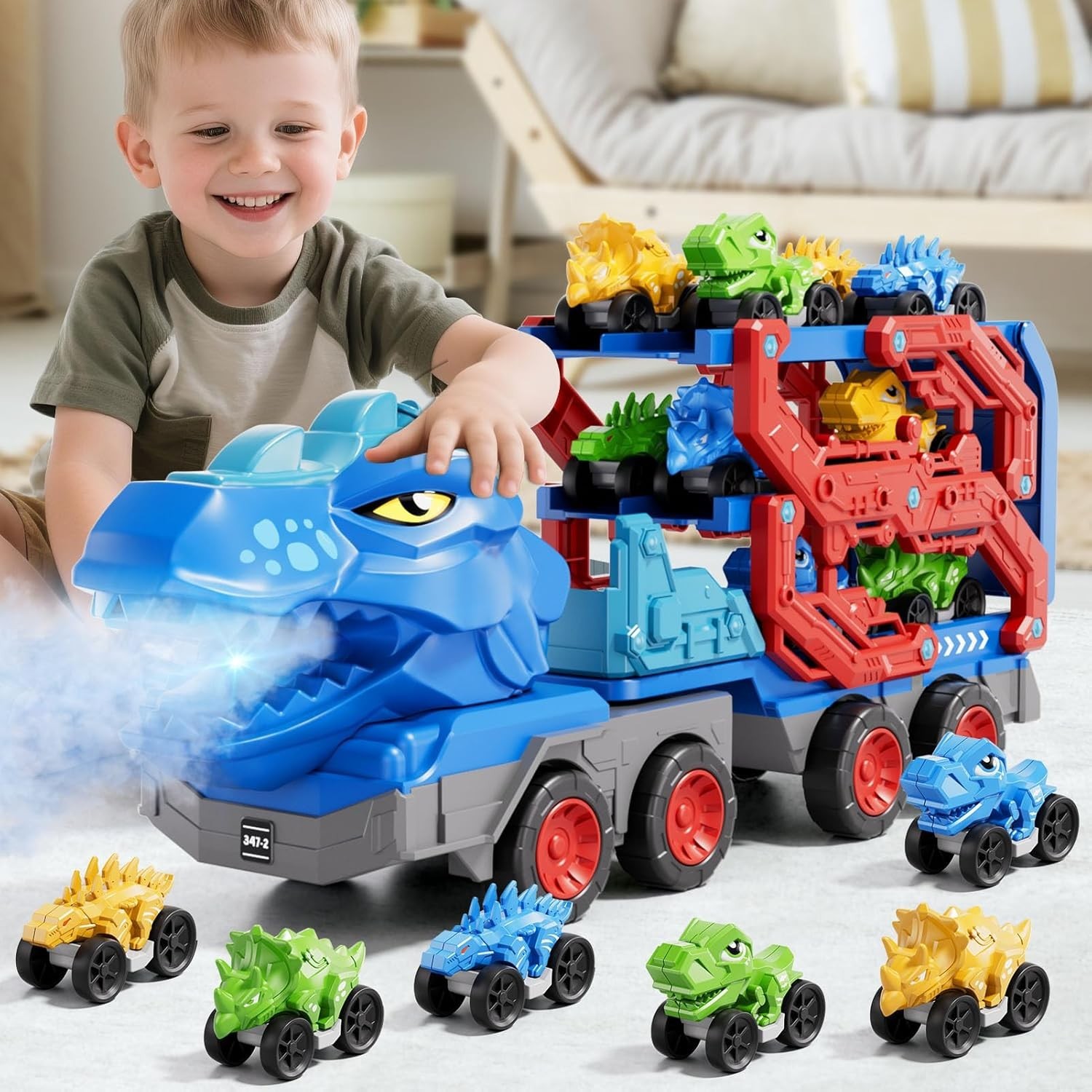 Toddler Truck Toys for 3-8 Years Old Boy Dinosaur Cars Transport Truck Carrier