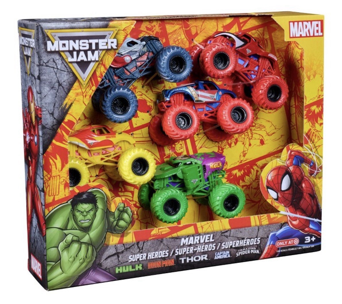 Monster Jam 1:64 Diecast Marvel Super Heroes 5-Pack Hulk Iron Man Spidey