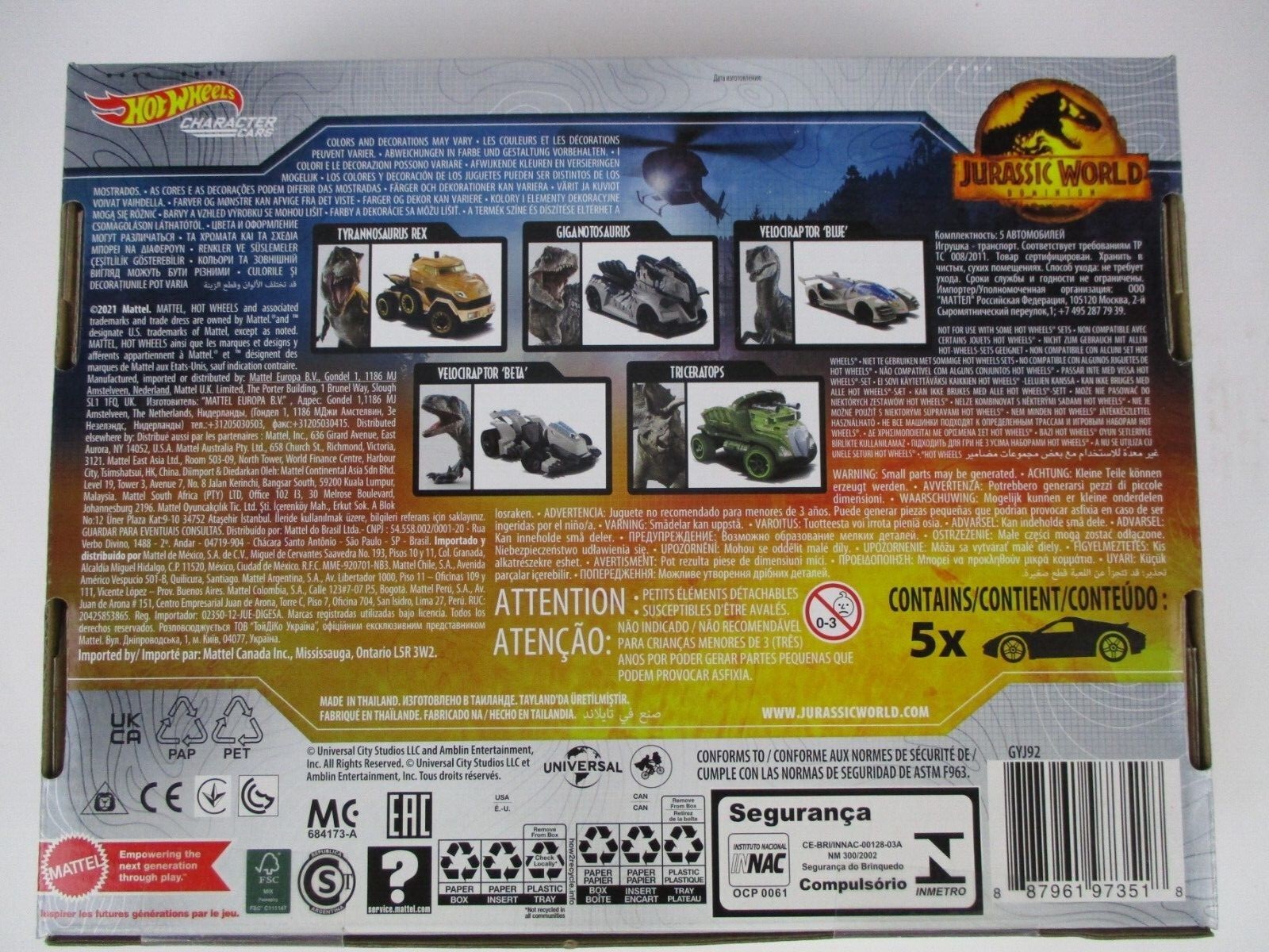 Hot Wheels Jurassic World Dominion 2022 Dinosaur Character Car 5 Pack Box Set