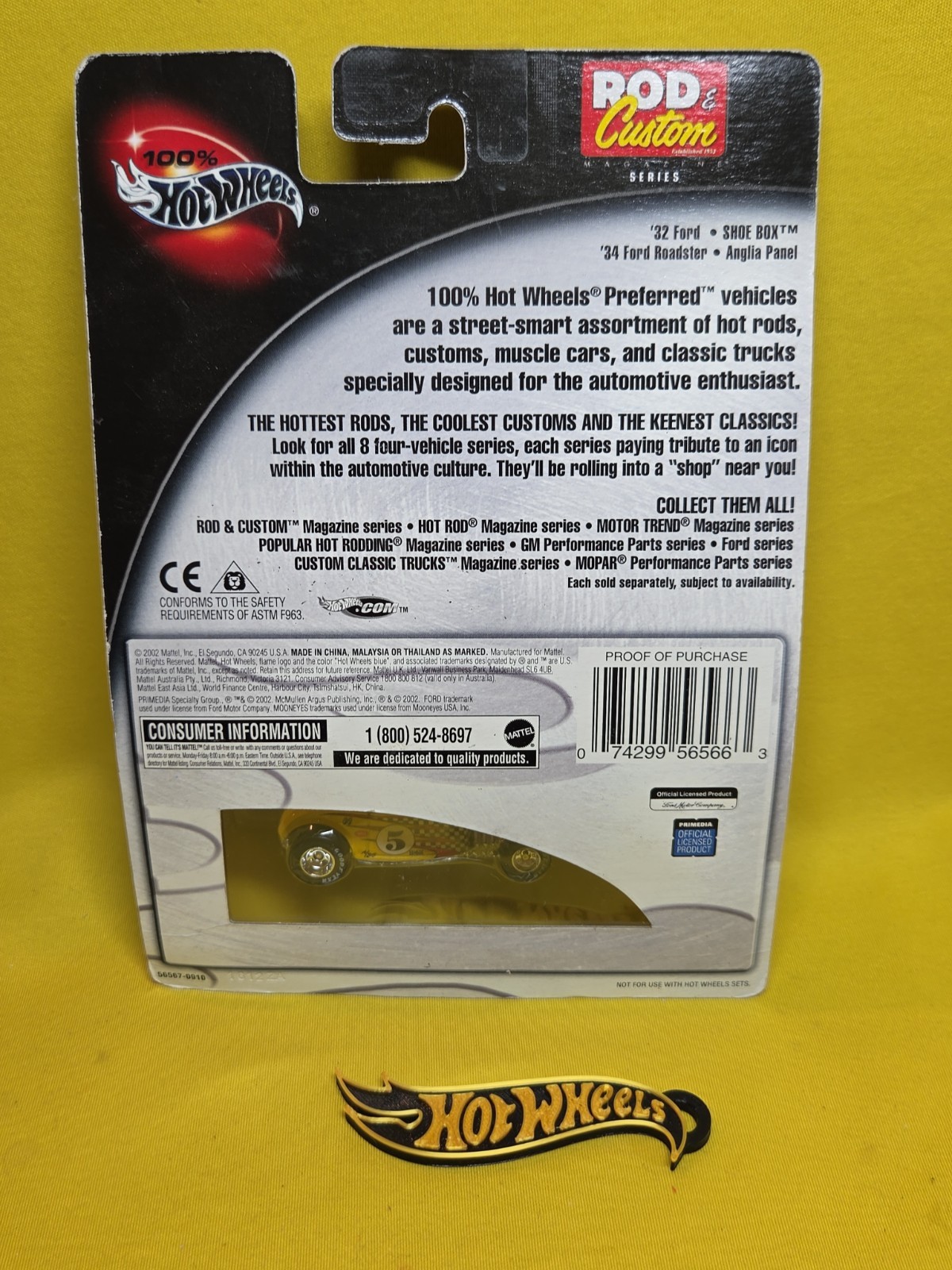 100% HOT WHEELS 2002 ROD CUSTOM ’32 FORD YELLOW 1/64 & Gift 🔥39