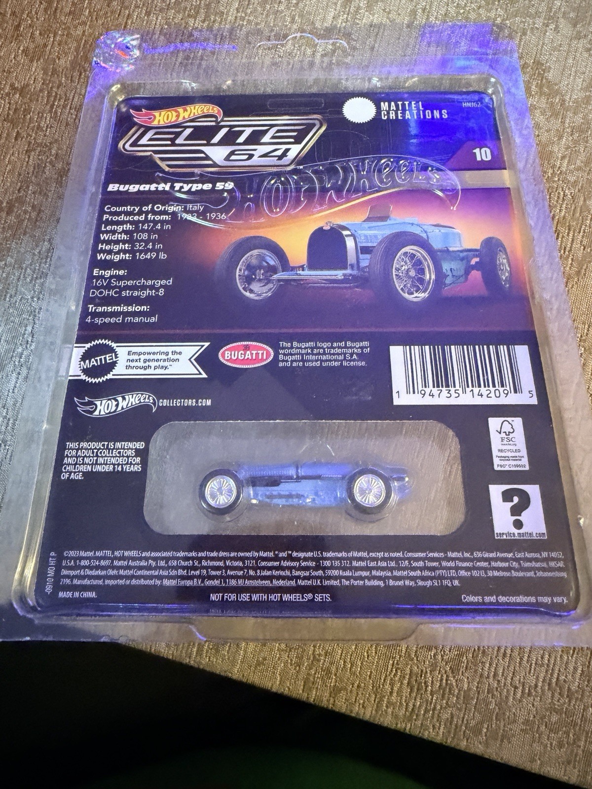 Hot Wheels Elite 64 Bugatti Type 59 Grand Prix Car -New-Mattel Creations