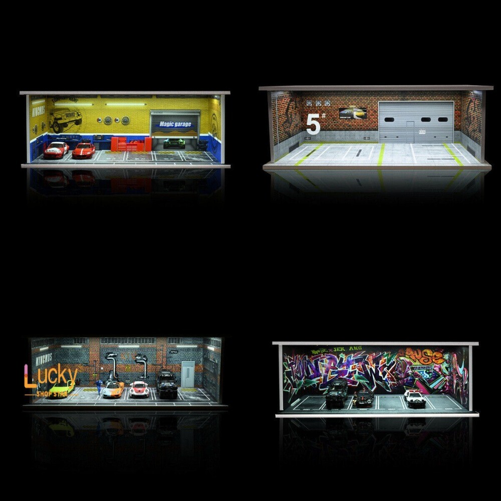 1/64 Diorama Car Garage LED Lighting Car Repair Workshop Scene Display Model Toy