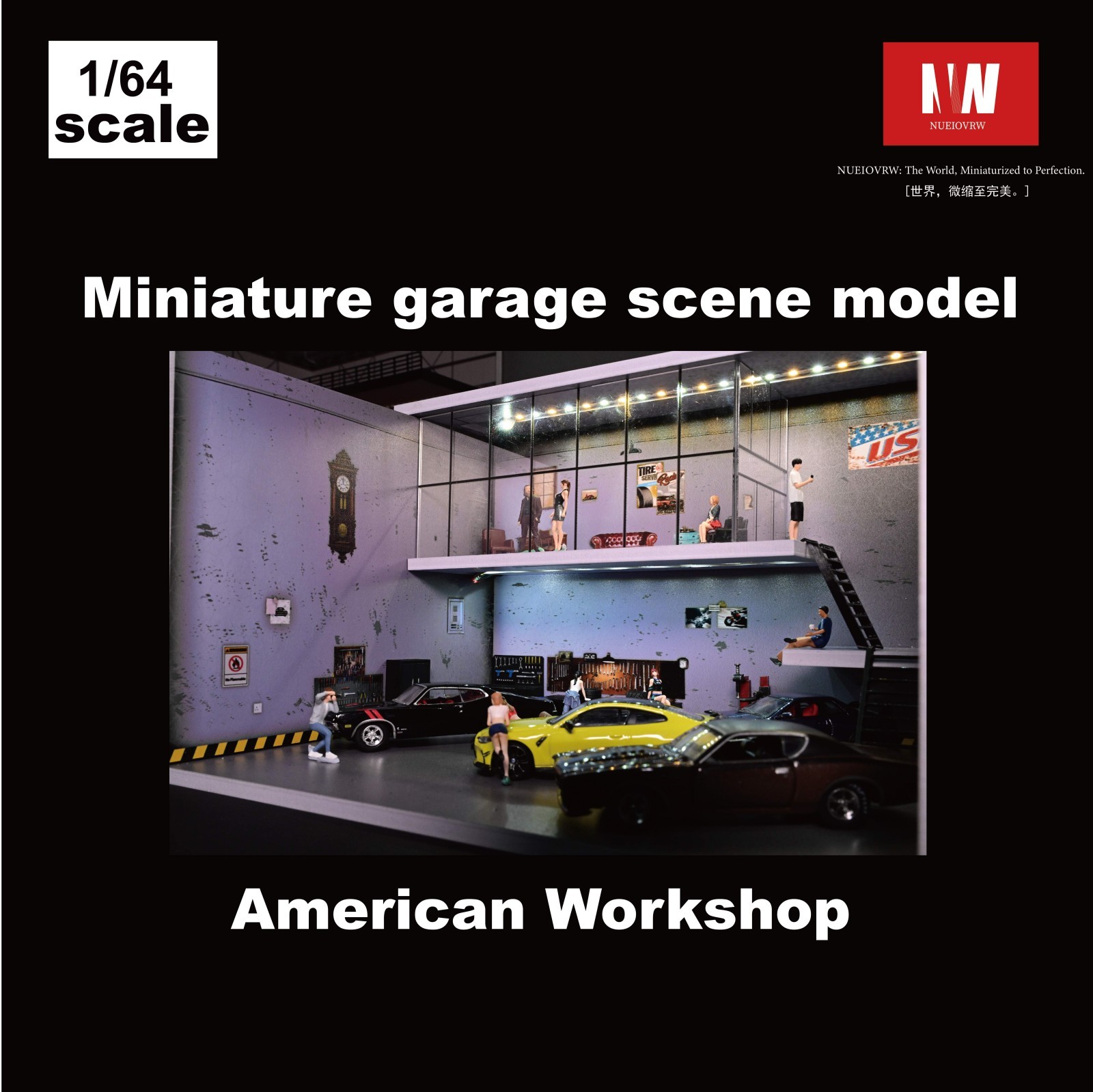 Diorama 1:64 Die-Cast Car Garage Model LED Repair Workshop Scene Display Case US