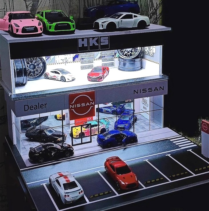 1:64 Diorama Die-Cast Car Garage Model LED Car Display Repair Workshop Scene Toy
