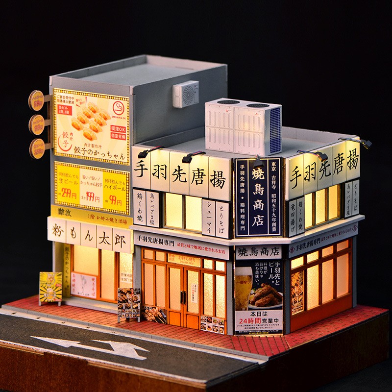 DIY Handmade 1/64 Diorama Car Garage Model LED Japanese Street Buildings Display