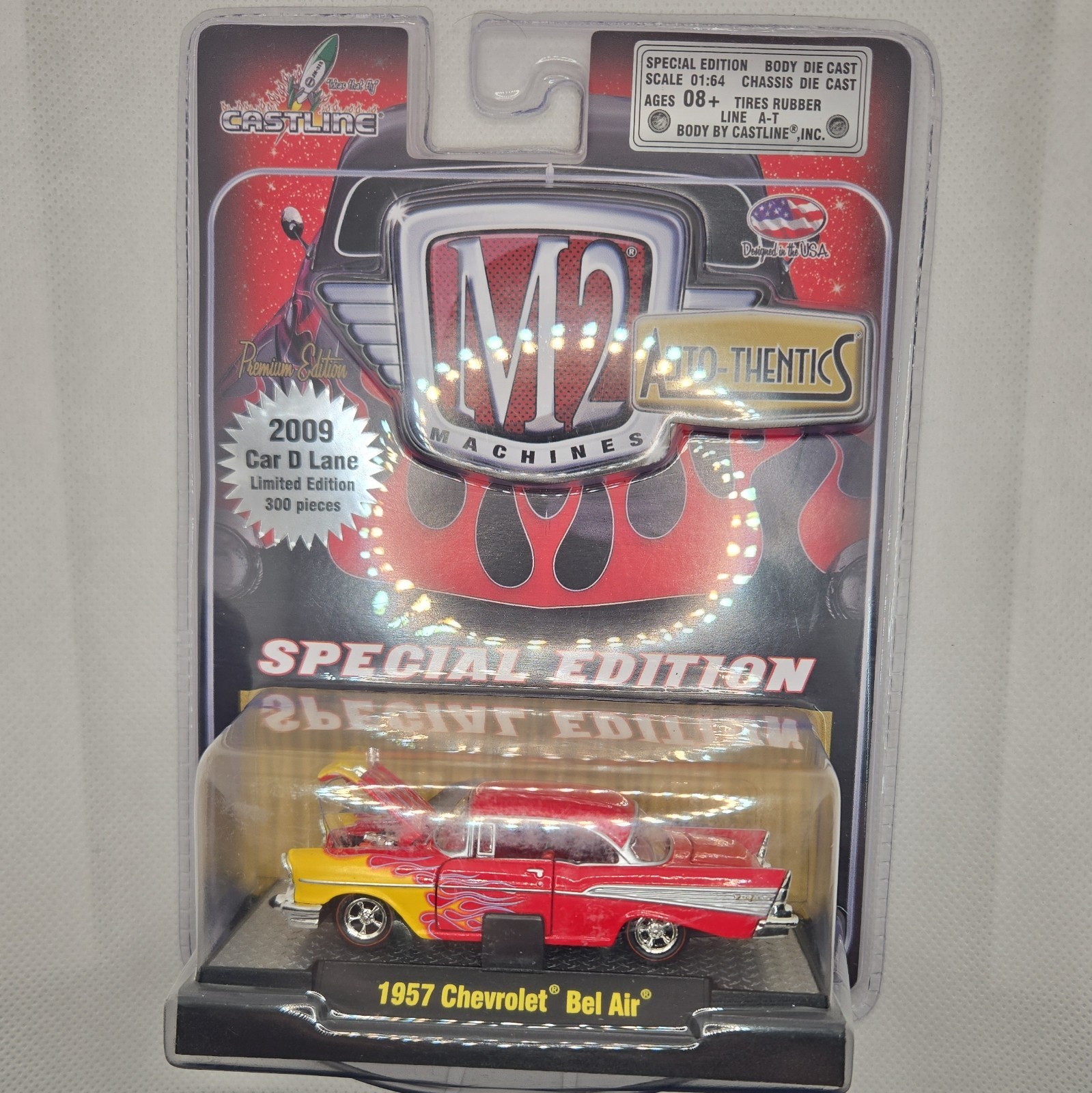 M2 Machines Auto-Thentics 1957 Chevrolet Bel Air 1:64 Diecast LE Red/Yel Flames