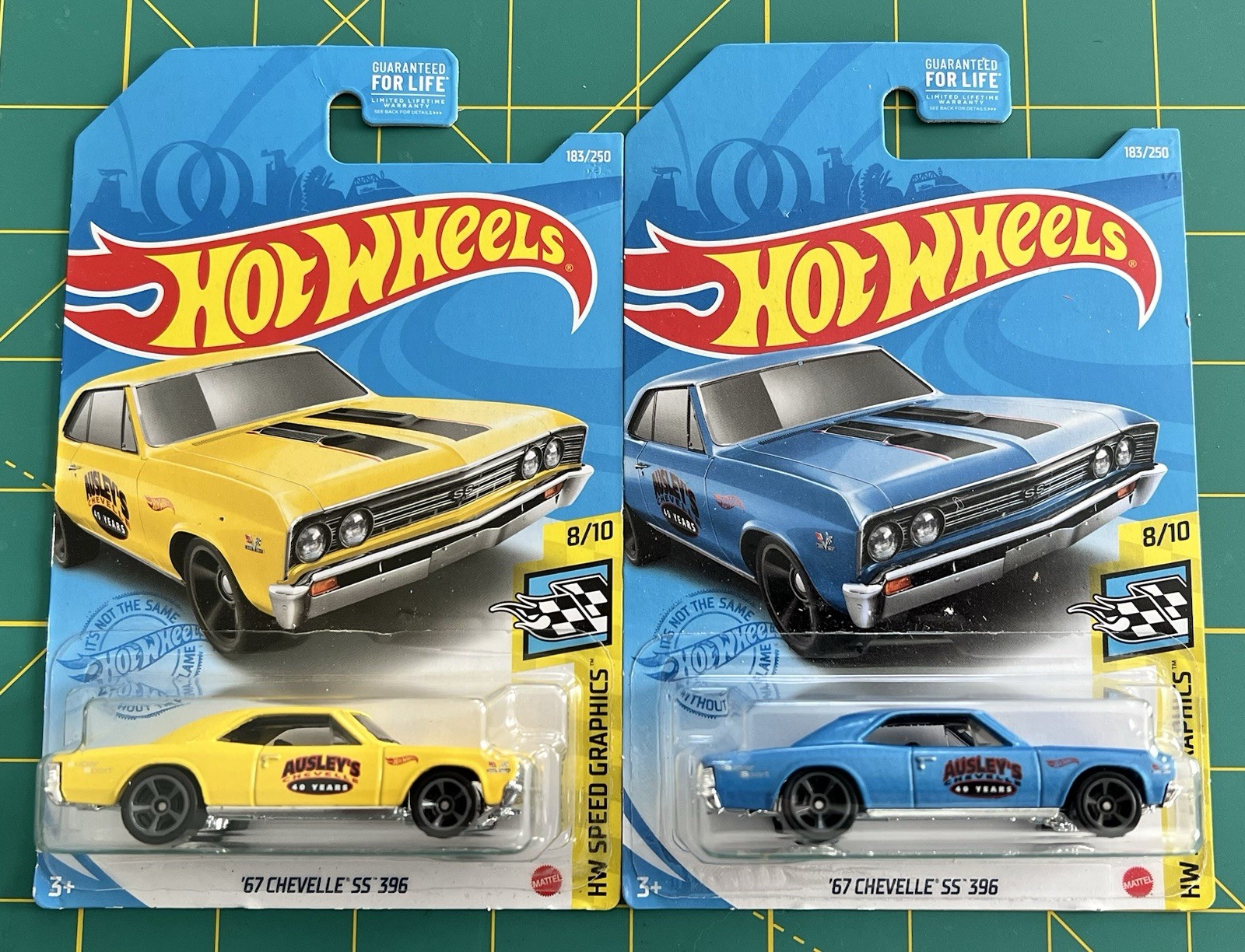 LOT OF 4 – 2021 HOT WHEELS ’67 CHEVELLE SS 396 BLUE AND YELLOW COLOR VARIANTS
