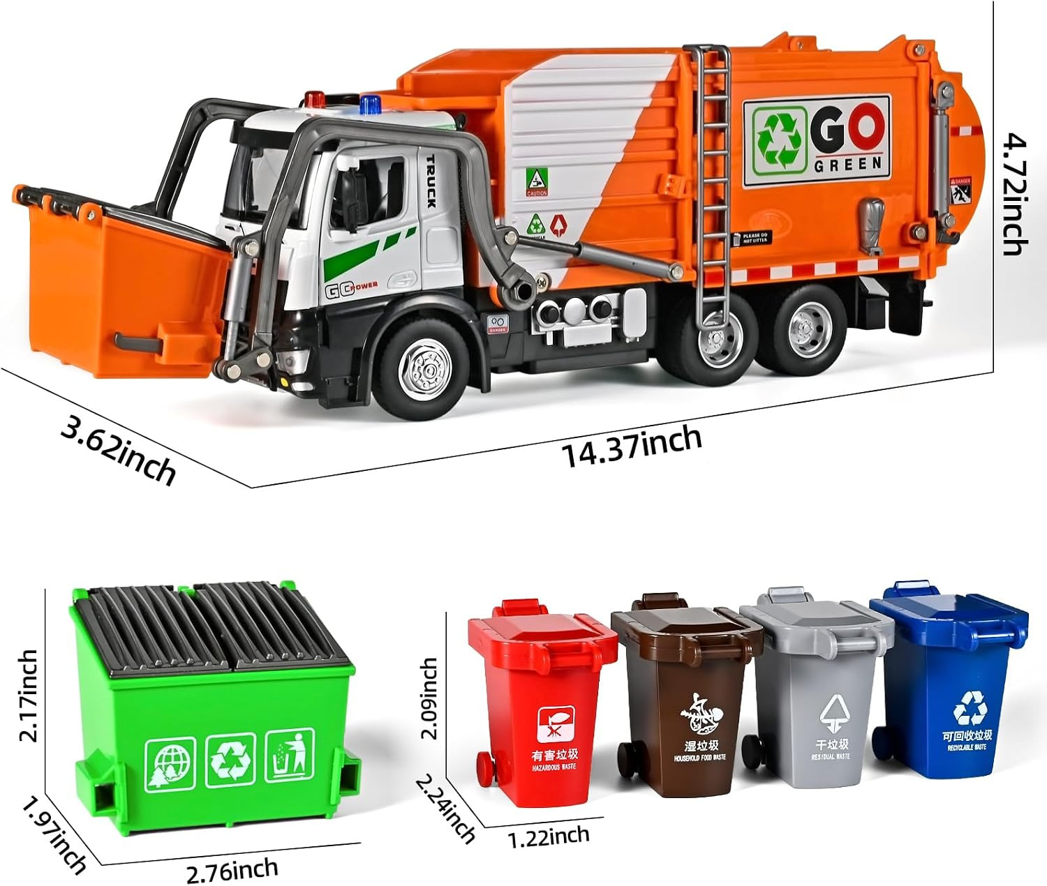 Large Metal Garbage Truck Toy for Boy 4-7, Kid Trash Truck with Auto-Lift Functi