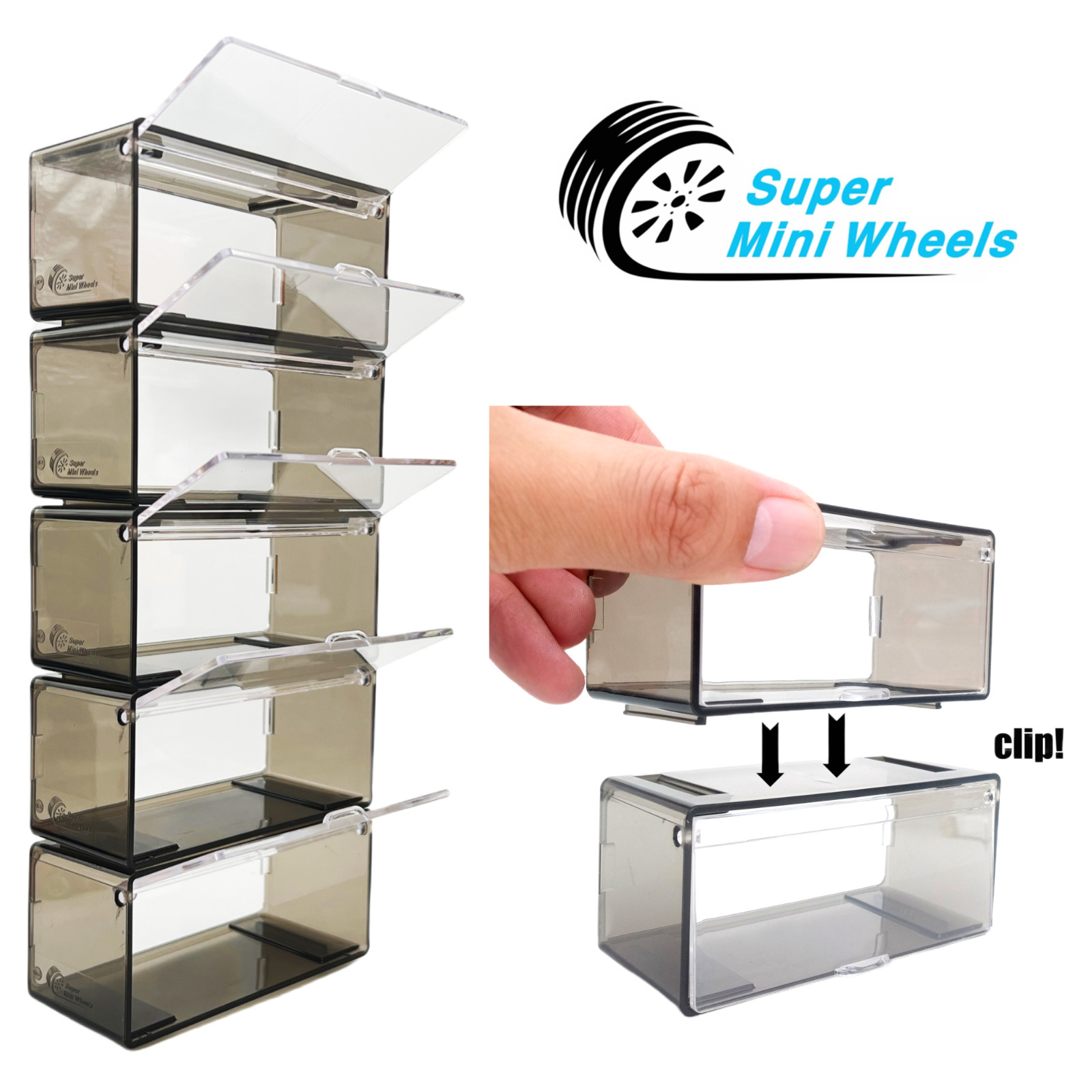 Super Mini Wheels 1:64 Display Case 5-Pack Clip On Storage Box for 1/64 Cars