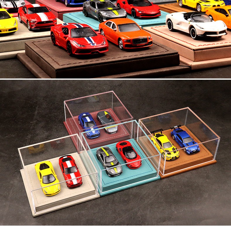Diorama 1:64 Car Model Collection LED Display Case Leather Acrylic Dust Cover