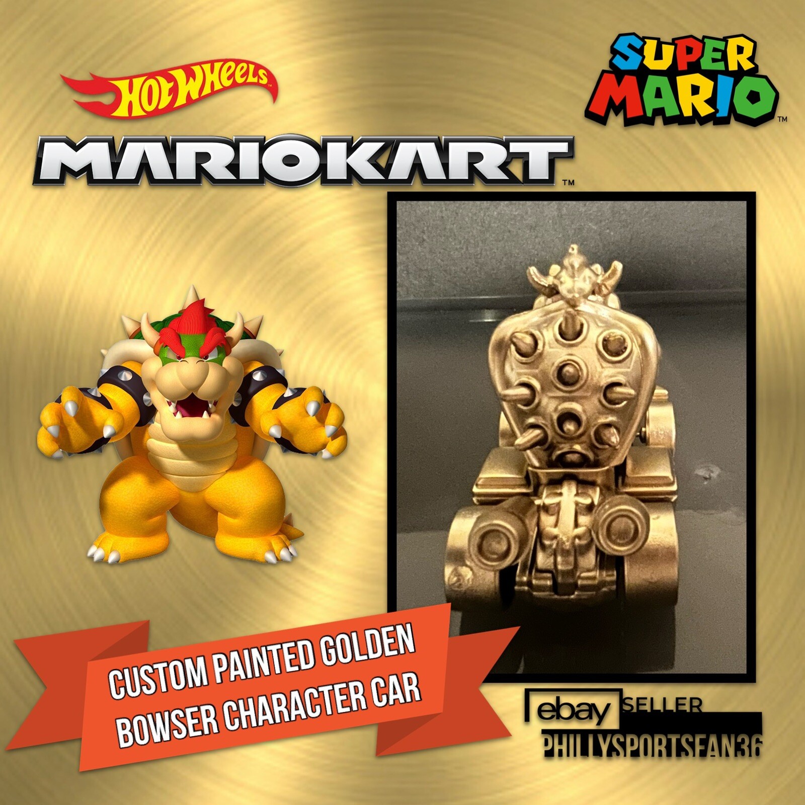 BOWSER STANDARD KART Hot Wheels Mario Kart 2022 TOTY Mattel Custom GOLD PAINTED
