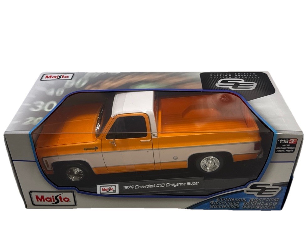 Maisto 1:18 1974 Chevrolet C10 Cheyenne Super Diecast Truck Orange/White Specia…