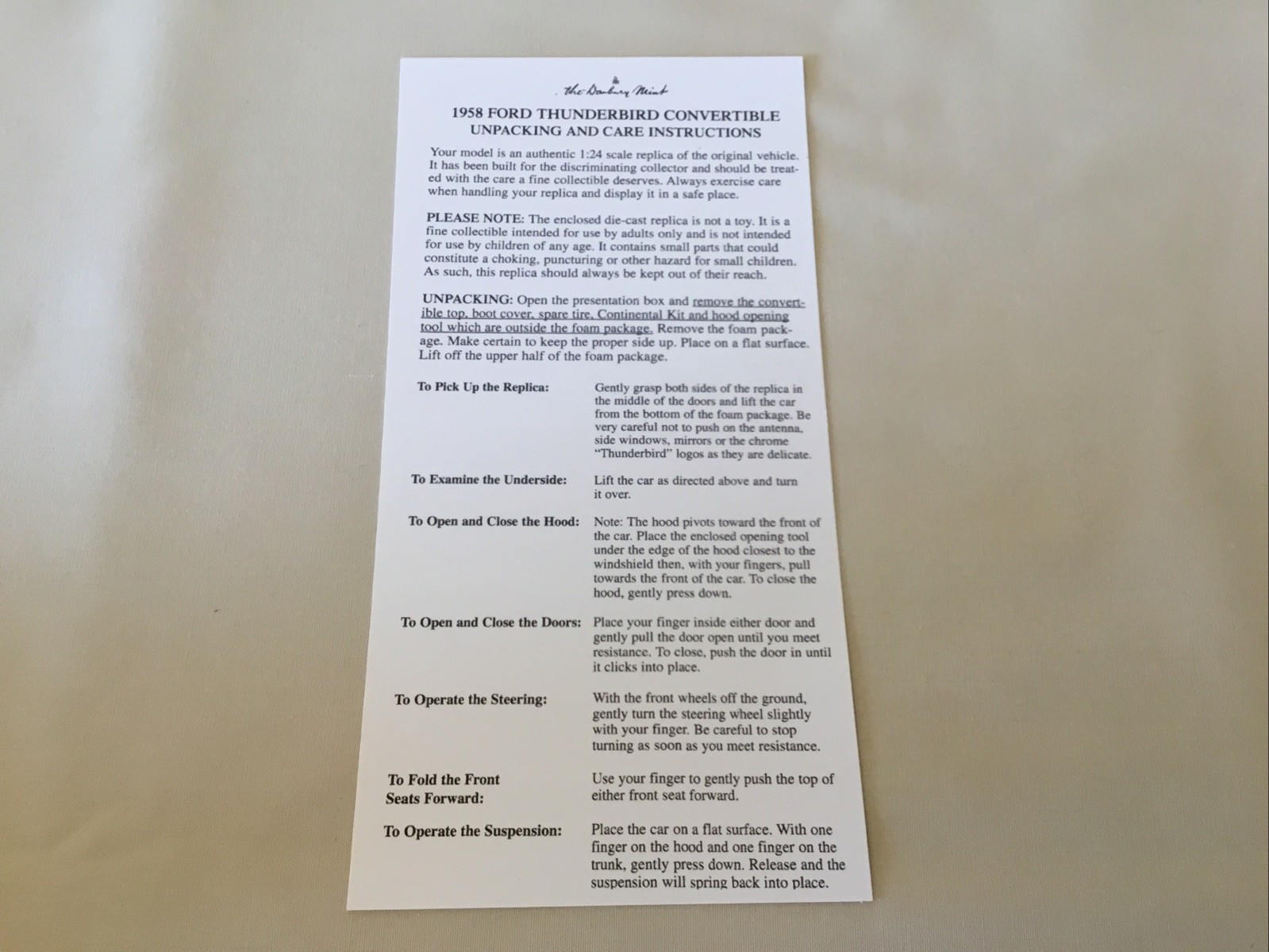 Danbury Mint 1958 Ford Thunderbird Convertible Title Paperwork Only 1:24