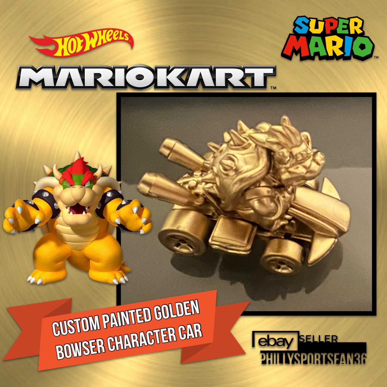 BOWSER STANDARD KART Hot Wheels Mario Kart 2022 TOTY Mattel Custom GOLD PAINTED